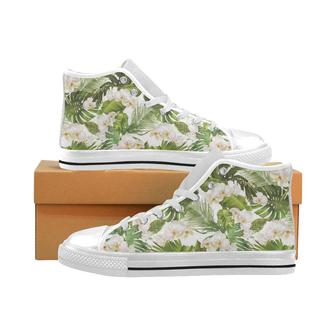 White orchid flower tropical leaves pattern Men's High Top Shoes White - Monsterry