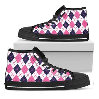 White Pink And Blue Argyle Black High Top Shoes - Monsterry CA