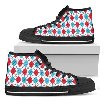 White Red And Blue Argyle Black High Top Shoes - Monsterry CA