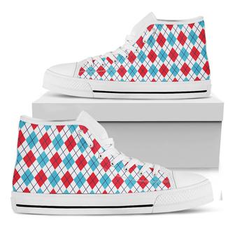 White Red And Blue Argyle White High Top Shoes - Monsterry CA