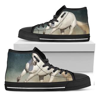 White Stallion Horse Print Black High Top Shoes - Monsterry CA