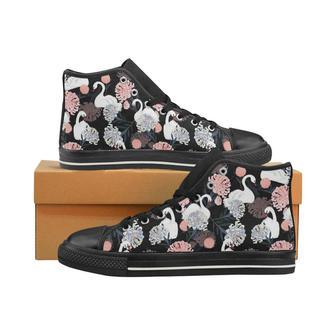 white swan blooming flower pattern Men's High Top Shoes Black - Monsterry CA