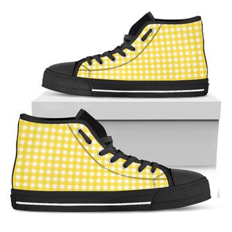 Yellow And White Check Pattern Print Black High Top Shoes - Monsterry CA