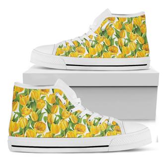 Yellow Spring Tulip Pattern Print White High Top Shoes - Monsterry