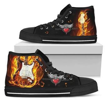 Bon Jovi Music Band Fire Guitar Design Art For Fan Sneakers Black High Top Shoes For Men And Women | Favorety AU