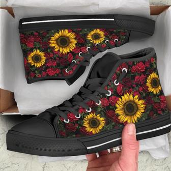 For Sun Flower Rose Lover Full Black Shoes For Gift Birthday Fashion Canvas High Top Shoes - Monsterry UK