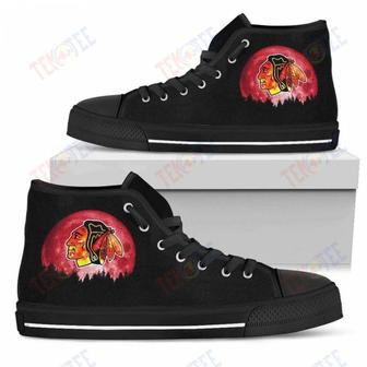 Mens Womens Chicago Blackhawks High Top Shoes Halloween Orange Moon Mystery Custom Canvas Shoes | Favorety UK