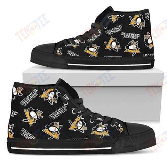 Mens Womens Script Logo Pattern Pittsburgh Penguins High Top Shoes For Music Lovers | Favorety CA