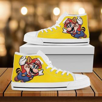 Super Mario Custom Hightop Mario Canvas Shoes Animated Movie Shoes Canvas Shoes Gift For Him White | Favorety