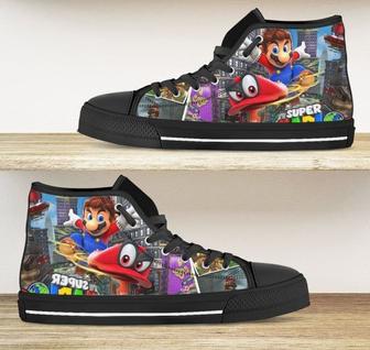 Super Mario Mushroom Video Game Design Art For Fan Sneakers Black High Top Shoes For Men And Women | Favorety
