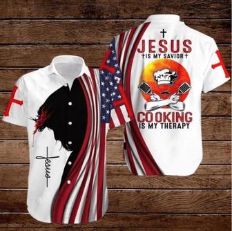 American Flags Cross Jesus Is My Savior Cooking Is My Therapy Hawaiian Shirt - Seseable