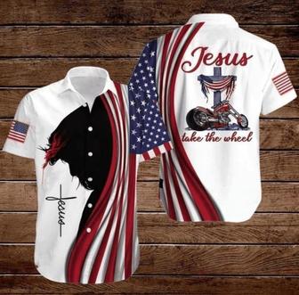 Cross Jesus Bible Americal Flag Biker Jesus Take The Wheel Hawaiian Shirt - Seseable