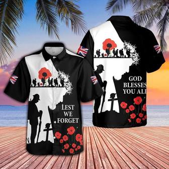 God Blessed You All Veteran Silhouette Lest We Forget Black And White Hawaiian Shirt - Seseable