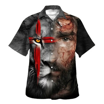Jesus And Lion King Hawaiian Shirts For Men - Christian Hawaiian Shirt - Hawaiian Summer Shirts - Seseable
