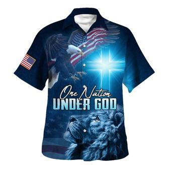 Jesus Christ Lion Eagle One Nation Under God American Hawaiian Shirt - Seseable