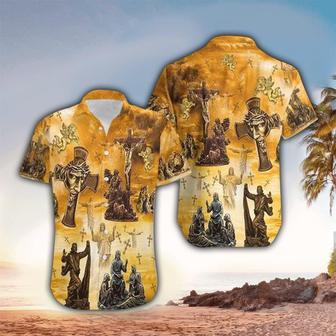 Jesus Cross Statue Yellow Hawaiian Shirt - Christian Hawaiian Shirts For Men & Women - Seseable