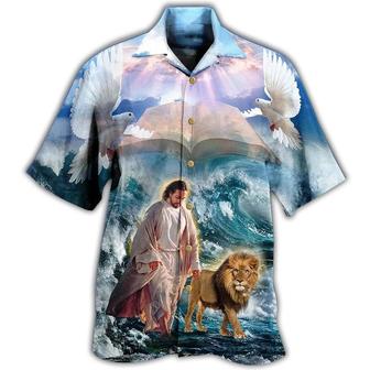 Lion And Jesus Walk On Water Christian Hawaiian Shirt - Christian Hawaiian Shirts For Men & Women - Seseable