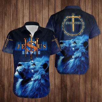 Lion Cross Jesus Saves Hawaiian Shirt Forgiven Christian Faith In Love Shirt Mens Womens - Seseable