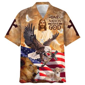 One Nation Under God Jesus And Lion Eagle American Hawaiian Shirt - Seseable