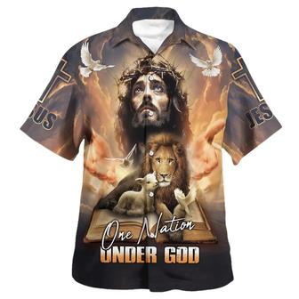 One Nation Under God Jesus Lion Cross Hawaiian Shirt - Seseable