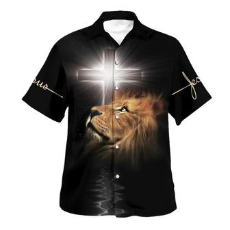The Light Shines In The Darkness Lion Cross Hawaiian Shirts For Men - Seseable