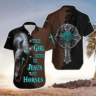 This Girl Runs On Jesus And Horse Black Brown Hawaiian Shirt - Seseable