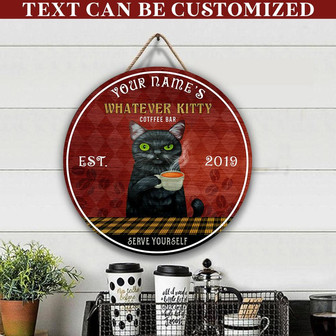 Black Cat Coffee Bar Custom Round Wood Sign - Thegiftio
