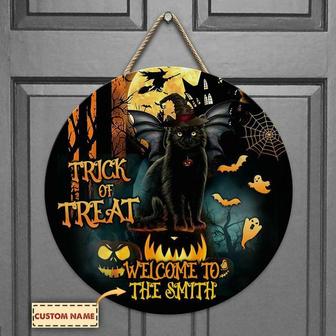 Black Cat Witch Halloween Custom Round Wood Sign - Thegiftio