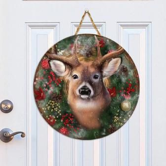 Deer Merry Christmas Round Wood Sign - Thegiftio UK