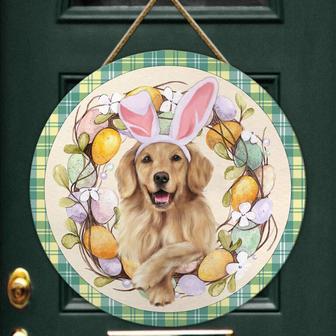 Easter Dog Golden Retriever Bunny Door Hanger Round Wood Sign - Thegiftio UK