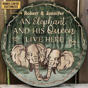 Elephant Couple Live Here Custom Round Wood Sign - Thegiftio UK