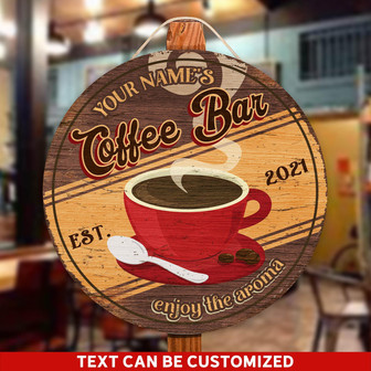 Enjoy The Aroma Coffee Bar Custom Round Wood Sign - Thegiftio