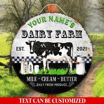 Farm Fresh Dairy Cow Custom Round Wood Sign - Thegiftio UK