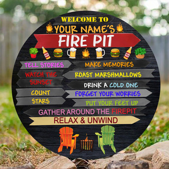 Fire Pit Rules Custom Round Wood Sign - Thegiftio UK