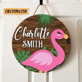 Flamingo Bedroom Door Sign Custom Round Wood Sign - Thegiftio UK