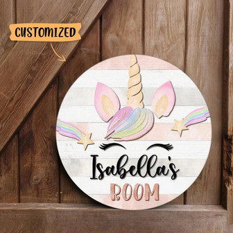 Girl Unicorn Bedroom Door Sign Custom Round Wood Sign - Thegiftio UK