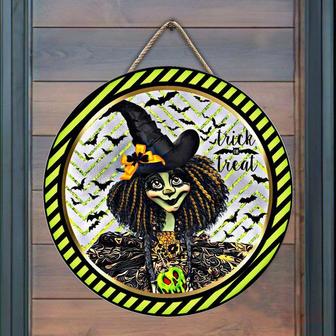 Green Witch Trick Or Treat Round Wood Sign - Thegiftio UK
