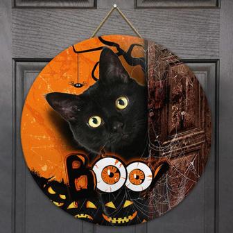 Halloween Black Cat Boo Round Wood Sign - Thegiftio