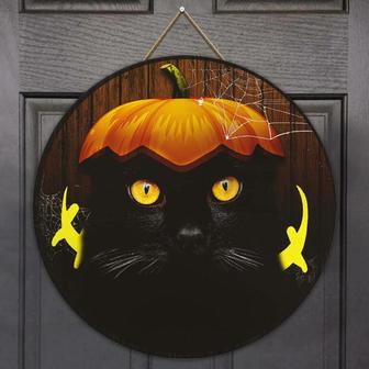 Halloween Decor Black Cat Round Wood Sign - Thegiftio