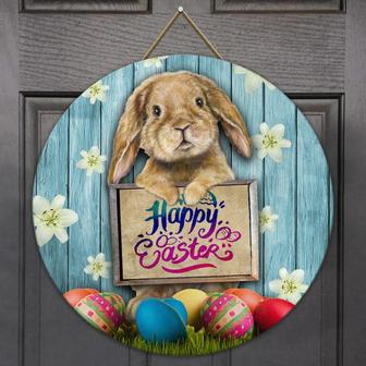 Happy Easter Bunny Eggs Round Wood Sign - Thegiftio UK