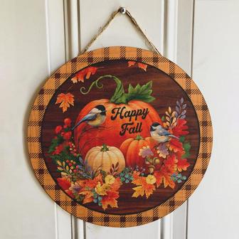 Happy Fall Bird And Pumpkin Plaid Round Wood Sign - Thegiftio UK