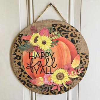 Happy Fall Y'all Pumpkin Patch Leopard Wreath Round Wood Sign - Thegiftio UK