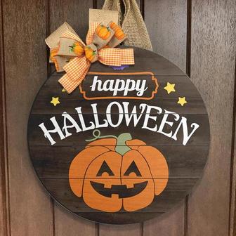 Happy Halloween, Pumpkin Door Sign, Spooky Decor Round Wood Sign - Thegiftio