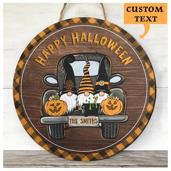 Happy Halloween Truck Gnomes Custom Round Wood Sign Home Decoration - Thegiftio