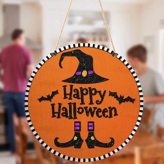 Happy Halloween Witch Bat Round Wood Sign - Thegiftio