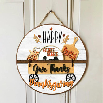 Happy Thanksgiving Door Sign, Thanksgiving Door Hanger Round Wood Sign - Thegiftio