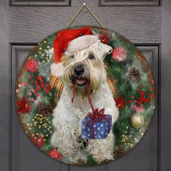 Happy Wheaten Terrier Round Wood Sign - Thegiftio UK