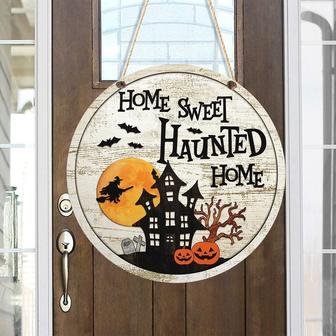 Haunted Home Halloween Round Wood Sign - Thegiftio