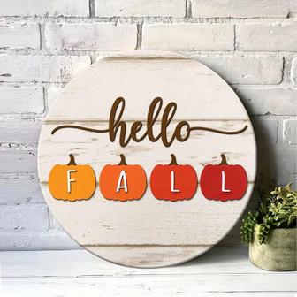 Hello Fall Sign, Hello Pumpkin Door Hanger Round Wood Sign - Thegiftio UK