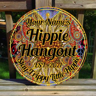 Hippie Hangout Stay Trippy Little Hippie Custom Round Wood Sign - Thegiftio UK